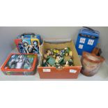 Football collectors figures, three Dr. Who lunch boxes and a toy