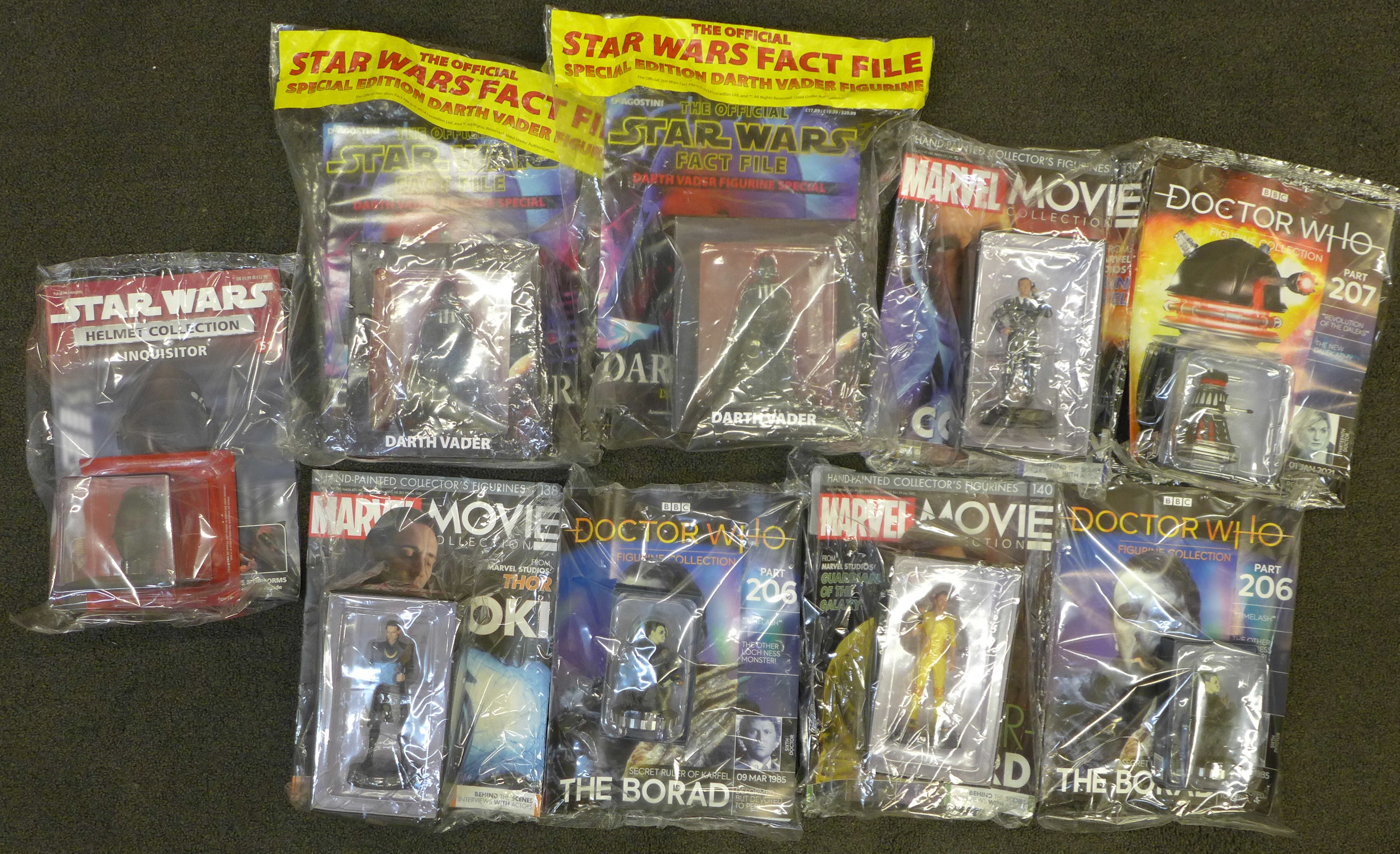 A collection of nine Doctor Who, Marvel and Star Wars figures with magazines