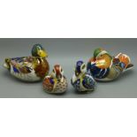 Four Royal Crown Derby paperweights, Mandarin Duck, Mallard and two ducklings, all with gold