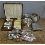 A cased set of fish knives and forks, four plated items and other plated flatware **PLEASE NOTE THIS