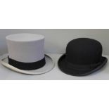 A Gieves bowler hat, 7 3/8, and a grey Gieves top hat, 7 3/8