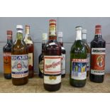 Nine bottles of alcohol, Ricard x 2, Pernod, Dubonnet, Pimms, Rhum Chauvet, Cusenier, Asbach Uralt