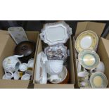 Three boxes of mixed china, etc., including Denby, a lidded vegetable dish and stand, modern tea and