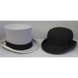 A Gieves bowler hat, 7 3/8, and a grey Gieves top hat, 7 3/8, with boxes