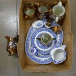 A Willow pattern blue and white meat plate, other blue and white china, five gold lustre jugs, one