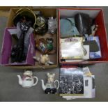 Two boxes of assorted items including teapots, brassware, pipes, hooks and a Masonic sash **PLEASE