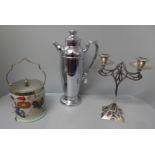 A Turkish teapot, an Art Nouveau candlestick and biscuit barrel