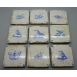 Nine 17th/18th Century 3" square Delft tiles