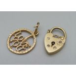 A 9ct gold I Love You charm and a 9ct gold padlock fastener, 1.9g