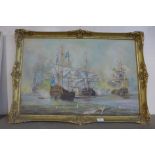 Ken Allsebrook, naval battle scene, oil on canvas, framed