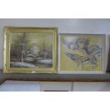 A Keith Shackleton print, Children of the Sun and an Alpine landscape, oil on canvas, signed Kimble