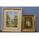 John Grain (Derbyshire artist), still life of flowers and a landscape, oils on board, both framed