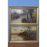 F. Cooke, pair of lake scenes at sunset, oil on board, framed