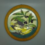 A framed Moorcroft charger, Bird, 22cm, 359 of 750