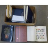 A stamp collection containing an album of Royal Mail packs, four albu,s of GB and World stamps,