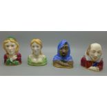 Four Royal Worcester candle snuffs, Shakespeare, Othello, Romeo and Desdemona, boxed