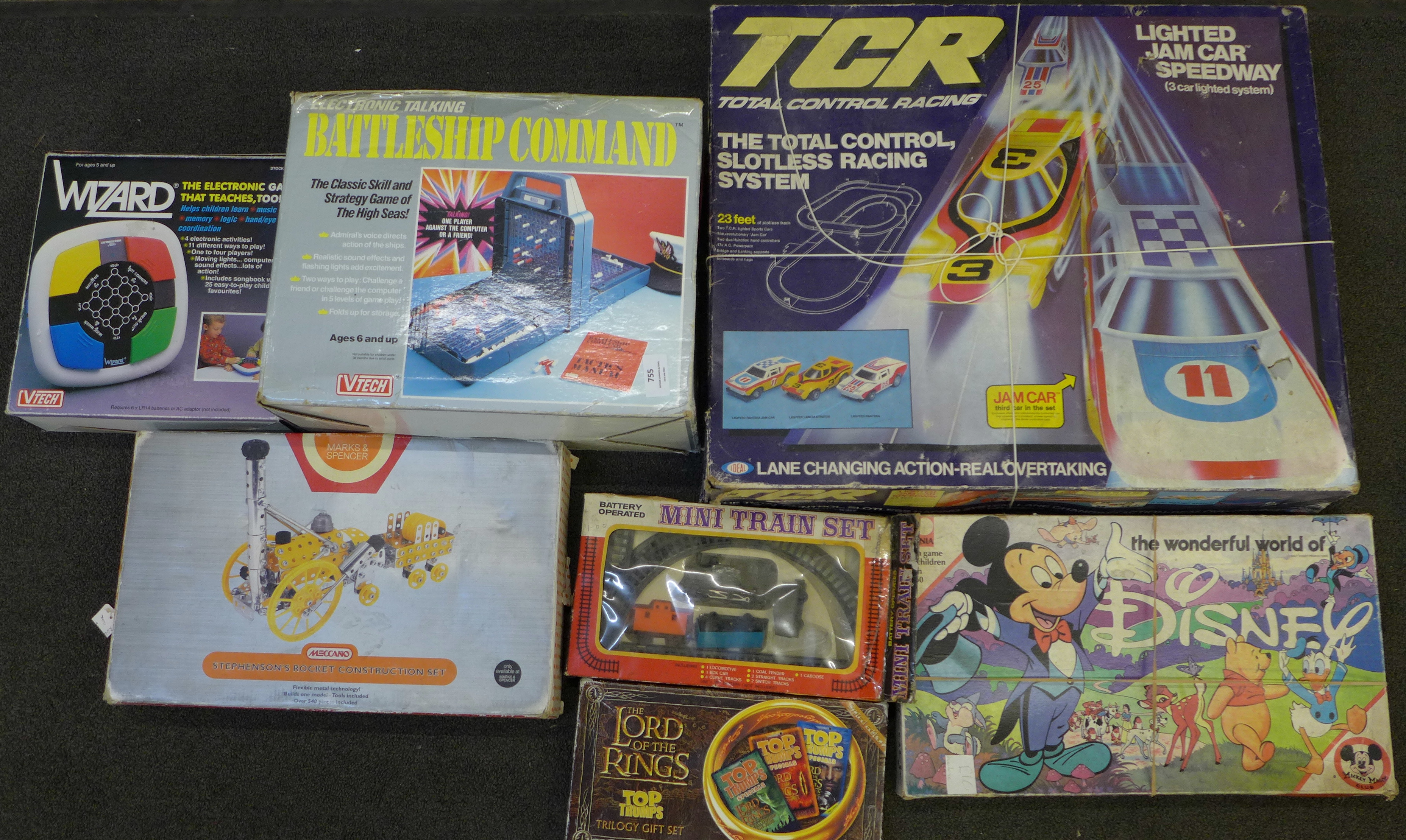 A Meccano Stephenson's Rocket kit, TCR Racing game, VTech Battleship Command and other games **