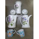 Five Portmeirion Botanic Garden teapots and coffee pots and a box of various mugs and Royal