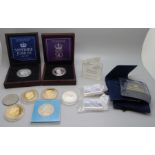 Two commemorative silver proof £5 coins and other commemorative coins