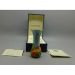 A Moorcroft enamel vase, Cornfield, 18/75, with certificate, 8.2cm, boxed