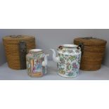 Two Chinese famille verte teapots, with wicker carrying baskets