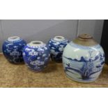 A Chinese blue and white table lamp base and three prunus blossom ginger jars lacking lids