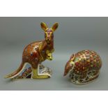 Two Royal Crown Derby paperweights, The Australian Collection Kangaroo and Armadillo, both with