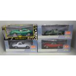 Four 1:18 scale die-cast model vehicles, 3 x Sun Star; Lotus Elise, 1966 Lotus Elan S3 and 1966