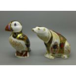 Two Royal Crown Derby paperweights, Polar Bear and Puffin, both with silver stoppers