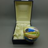 A Moorcroft enamel circular box, locomotive, 7.2cm, (Mallard depicted but named flying Scotsman)