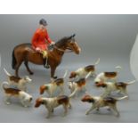 A Beswick Huntsman, no. 1501, four Beswick hounds and five other hounds