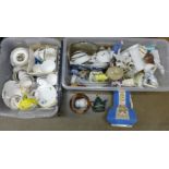 Two boxes of china and other items including a large wash jug, plates, a Kaiser vase, a
