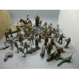 Two boxes of Britains Ltd, Jo Hill & Co and other lead soldiers and farm animals plus two 'flat'