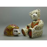 Two Royal Crown Derby paperweights, Teddy bear with silver stopper and Orchard Hedgehog with gold