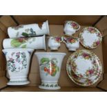 A collection of mixed china, Portmeirion vases x4 and Royal Albert Old Country Roses teawares **