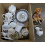 Three Crown Devon storage pots, a Capodimonte figure, a collection of Royalty related china etc, and