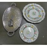 A large oval silver plated tray, hip flask and Royal Doulton Stratford large serving plate and six
