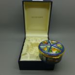 A Moorcroft enamel circular box, British Birds, limited edition 75/150, signed FW, boxed