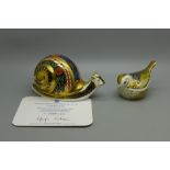 Two Royal Crown Derby paperweights, Firecrest and Garden Snail, Snail limited edition 2389 of