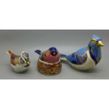 Three Royal Crown Derby paperweights, Blue Jay and Bullfinch Nesting with silver stoppers and