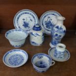 Nine items of Chinese blue and white china, some dishes with small nibbles to edge