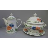 Villeroy & Boch Amapola design coffee pot, a covered vegetable tureen and a flat plate 10.5"