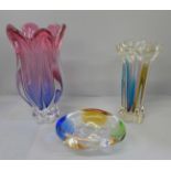 Two Murano glass vases and a trinket dish