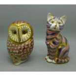 Two Royal Crown Derby paperweights, Owl and Cat, Cat with gold stopper