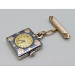 A Niello silver brooch fob watch with yellow metal decoration and French control marks, 23mm