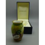 A Moorcroft enamel vase, Mallard Ducks, 6.2cm, boxed