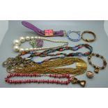 A collection of 1960's and later retro jewellery and an Old England purple suede cuff wristwatch