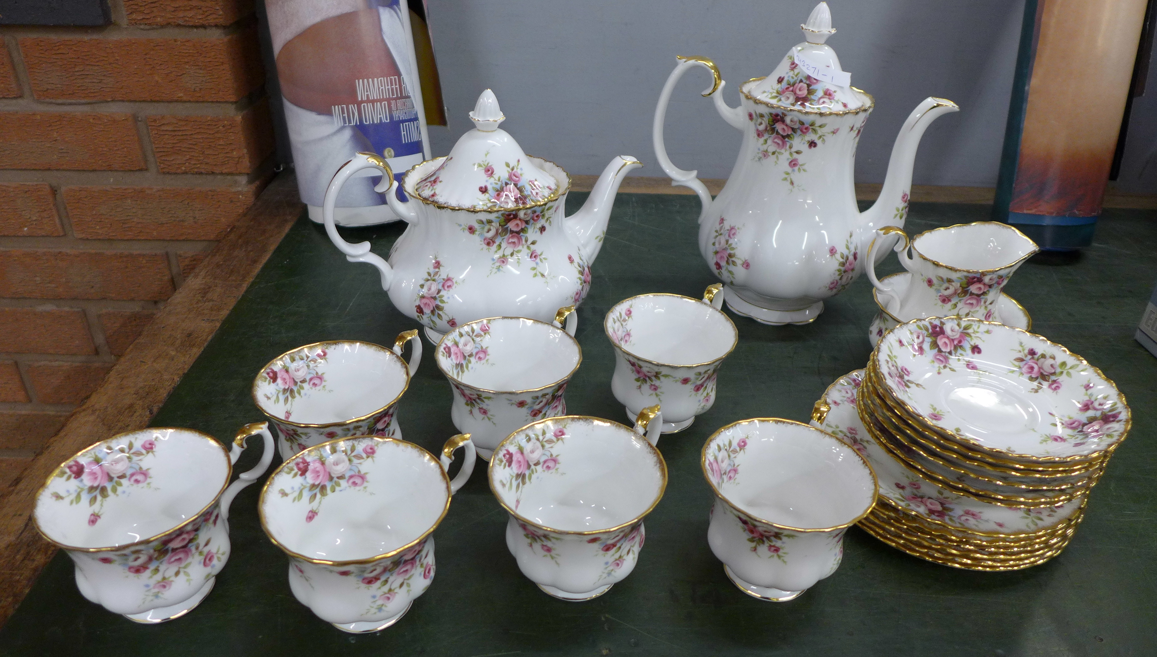 Royal Albert Cottage Garden teaware, coffee pot, teapot, seven cups, six saucers, six plates,