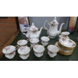 Royal Albert Cottage Garden teaware, coffee pot, teapot, seven cups, six saucers, six plates,