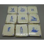 Nine 17th/18th Century 3" square Delft tiles